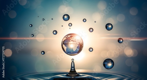 Glistening globe of Earth levitating over a water ripple with sparkling droplets against a luminous sunrise