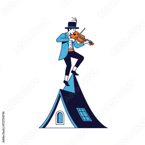 Dynamic cartoon fiddler in top hat and blue coat playing violin on a stylized house roof.