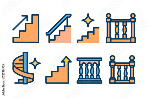 Modern Staircase Icons. Staircase Rail icons in modern flat : stair steps, handrail, railing posts, spiral staircase, glowing star, radiant outline,