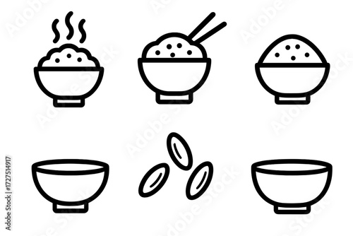 Rice Bowl Icons. Rice Bowl Icons icons in outline style: steaming rice bowl, chopsticks on bowl, simple rice mound, filled ceramic bowl, rice grains