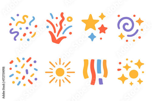 Celebration neon silhouette icons set. featuring confetti, explosion, stars, spiral, burst, sun, and glow symbols