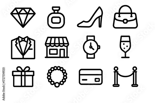 Luxury Shopping Icons. Luxury Shopping icons in outline style: diamond, perfume bottle, high heel shoe, designer handbag, tuxedo, boutique storefront