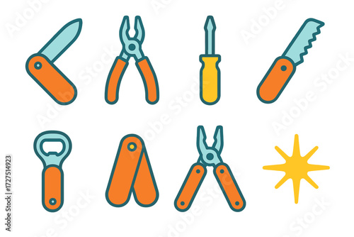 Vibrant Multi-Tool Icons. Multi-Tool icons in modern flat : pocket knife, pliers, screwdriver, small saw, bottle opener, folded tool, open multitool,