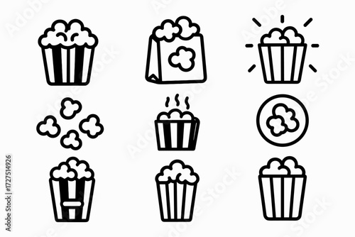 Popcorn flat icon set. featuring bucket, bag, popping, steaming, and snack symbols