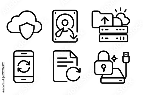 Data Backup Icons. Data Backup icons in outline style: cloud with shield, hard disk with arrow, folder upload to cloud, server glowing with arrows,