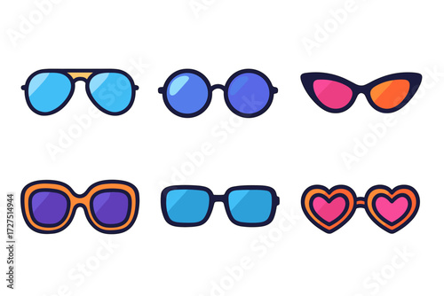 Stylish Sunglasses Icons. Sunglass Shade icons in modern flat : classic aviator glasses, vintage round shades, sleek cat-eye style, sporty sunglasses