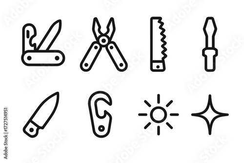 Multi-Tool Icon Set. Multi-Tool icons in outline style: pocket multitool, fold-out pliers, serrated saw, screwdriver head, knife blade, opener tool,