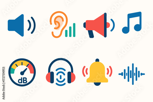 Sound and music flat icon set. featuring speaker, ear, megaphone, note, decibel, headphones, bell, and waveform symbols