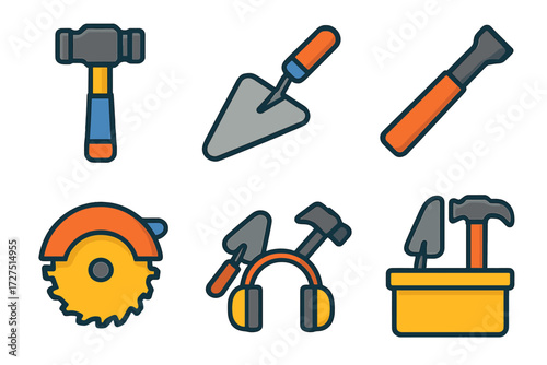Masonry Tools Icons. Heavy Duty Masonry Tools icons in modern flat : reinforced hammer, heavy trowel icon, industrial chisel, stone-cutting saw,