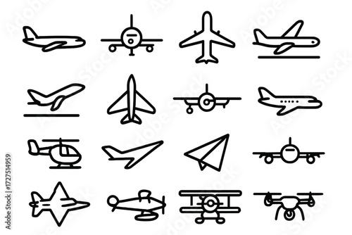 Plane Silhouette Icons. Plane Silhouette Icons icons in outline style: side view airplane, front view airplane, top view airplane, landing plane,