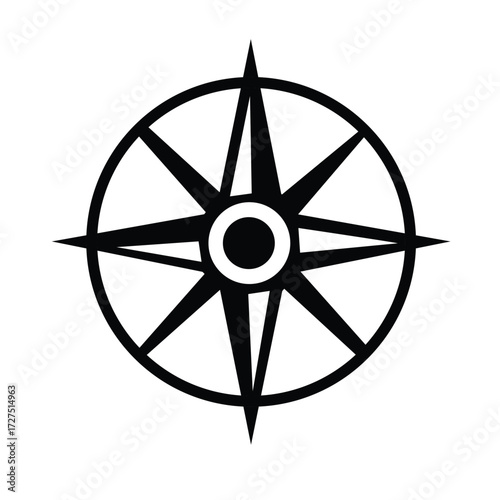 Simple black and white stylized compass rose graphic design illustration representing accurate navigation and the path toward adventure and exploration.