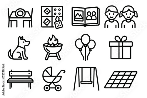 Family Activity Icons. Family Time icons in outline style: dining table, board game, photo album, children, pet dog, barbecue grill, balloons, gift
