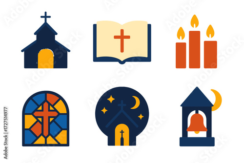 Midnight Mass Icons. Midnight Mass Icons icons in modern flat : glowing church silhouette, open bible with cross, candle trio, stained glass window,