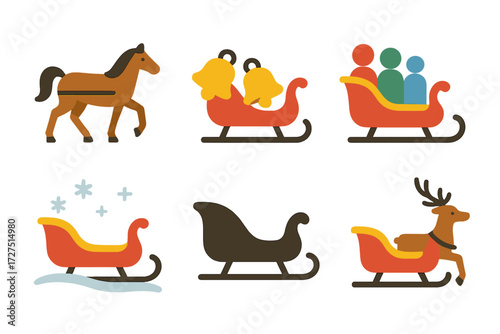 Modern Sleigh Ride Icons. Classic Sleigh Ride icons in modern flat : horse-drawn sleigh, sleigh with bells, family in sleigh, snowy trail with sleigh