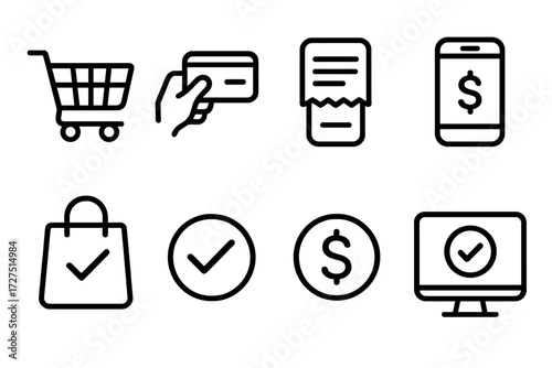Digital Checkout Icons. Cart Checkout icons in outline style: loaded cart, credit card insert, digital receipt, online payment app, package bag,