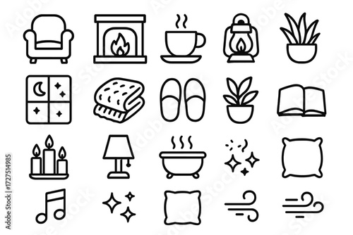Cozy Evening Icons. Relaxing Evening Icons icons in outline style: cozy chair, fireplace flame, warm tea cup, glowing lantern, night sky window,