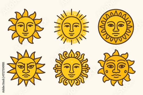 Vibrant Sun Masks. Sun Mask icons in modern flat : artistic sun face, radiant mask with glow, circular golden mask, tribal sun with beams, ornate