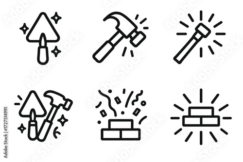 Festive Masonry Icons. Festive Masonry Tools icons in outline style: sparkling trowel, glowing hammer icon, radiant chisel, celebratory toolset,
