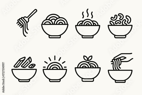 Pasta Bowl Icons. Pasta Bowl icons in outline style: spaghetti twirled on fork, bowl with noodles, pasta with steam rising, macaroni bowl, penne