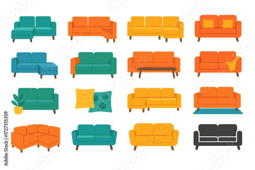 Couch Corner Icons. Couch Corner Icons icons in modern flat : sectional sofa, L-shaped couch, corner sofa, sofa with cushions, sofa with chaise,