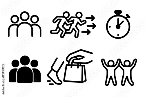 Crowd Rush Icons. Crowd Rush icons in outline style: group of people, running arrows, bursting door, stopwatch, shopping bag grab, crowd silhouette,