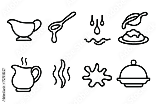 Gravy Icon Collection. Gravy Pour icons in outline style: ceramic gravy boat, spoon with sauce, gravy dripping, pouring over mashed potatoes, sauce