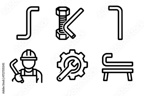 Industrial Hex Key Icons. Heavy Duty Hex Key icons in outline style: large industrial hex key, reinforced bolt with tool, long arm hex key, mechanic