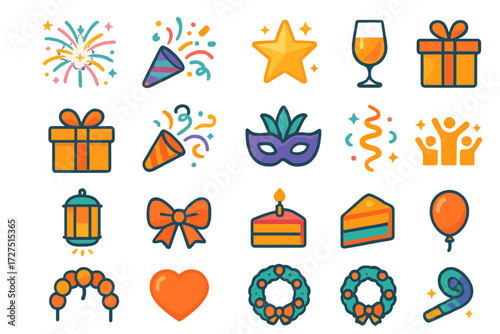 Festive Celebration Icons. Festive Celebration Icons icons in modern flat : fireworks display, confetti popper, glowing star, sparkling drink, gift