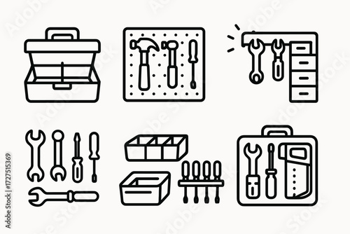 Tool Organization Icons. Tool Organizer icons in outline style: compact toolbox with dividers, pegboard with tools lined, wall rack glowing, chest of