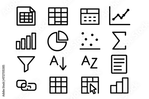 Data analysis linear icon set. featuring spreadsheet, chart, graph, filter, pie chart, grid, and sum symbols
