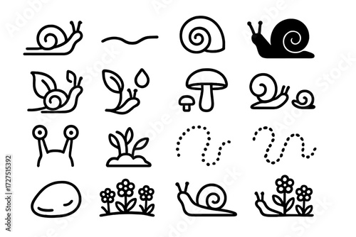 Snail Icon Collection. Crawling Snail Icons icons in outline style: snail with trail, slime line, curled snail shell, snail silhouette, snail