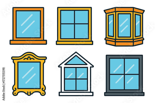 Stylish Window Frame Icons. Architectural Window Frame icons in modern flat : wooden framed window, glass pane with mullions, bay window frame,