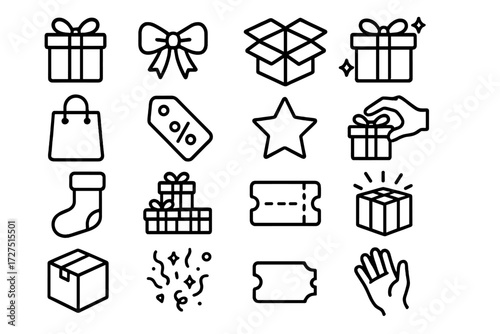 Gifting and shopping linear icon set. featuring present, bow, box, bag, discount, star, hand, and sock symbols