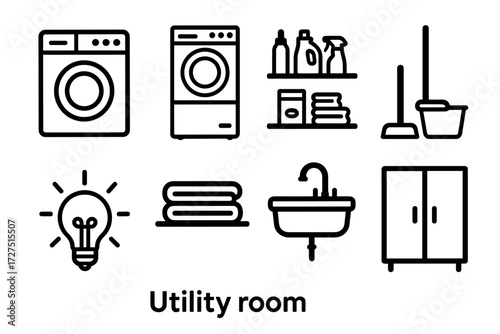 Utility room linear icon set. featuring washer, dryer, cleaning supplies, mop, light bulb, towels, sink, cabinet.