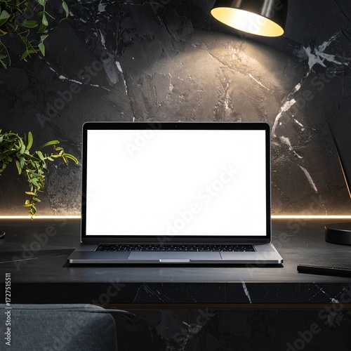 laptop on the table with spotlight overhead