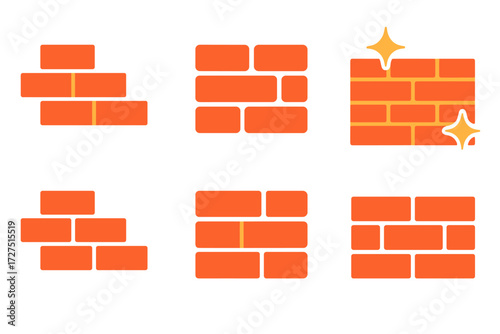 Vibrant Brick Icons. Brick Wall icons in modern flat : brick layers, rectangular blocks, masonry wall, stacked rows, brick texture icon, shining