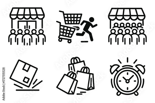 Storefront Chaos Icons. Storefront Chaos icons in outline style: busy entrance, jumbled carts, running silhouettes, store awning with crowd, dropped