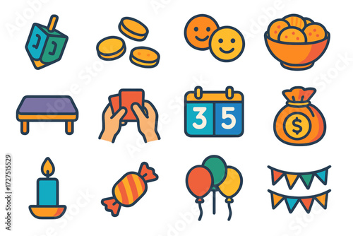 Festive Game Icons. Game in Action icons in modern flat : dreidel mid-spin, coins scattered, smiling faces, snack bowl, tabletop, player hands,