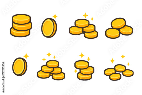 Vibrant Gold Coin Icons. Gold Coins icons in modern flat : golden stack, single radiant coin, shimmering pile, scattered cluster, starry coin,