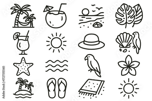 Tropical Sun Icons. Tropical Sunbathing Icons icons in outline style: hammock under palm, coconut drink, sandy beach, tropical leaves, fruity
