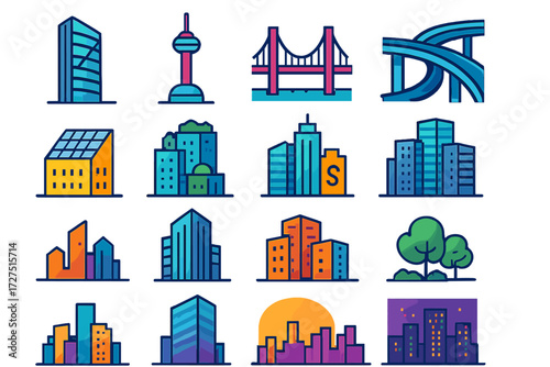 Modern Skyline Icons. Modern Skyline Icons icons in modern flat : glass skyscraper, futuristic tower, bridge, highway overpass, solar panel building,