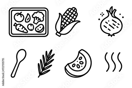 Roasted Veggie Icons. Roasted Vegetables icons in outline style: tray of veggies, roasted corn, baked beetroot, seasoned onion, wooden spoon,