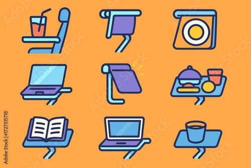 Modern Tray Table Icons. Tray Table icons in modern flat : airplane tray with drink, folded tray flat, open tray holding plate, laptop on airplane