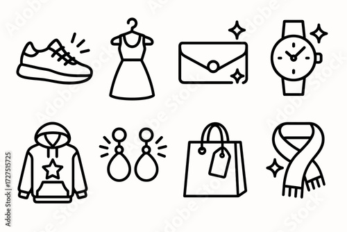 Fashion and accessories linear icon set. featuring dress, shoes, watch, jewelry, bag, and scarf icons