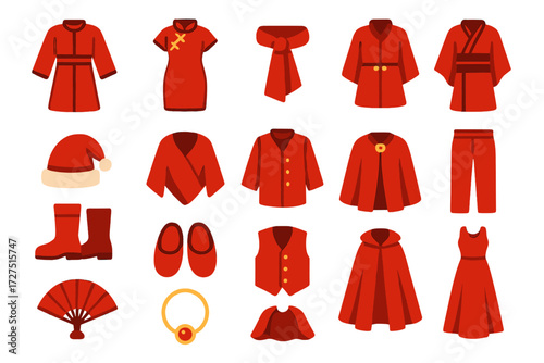 Red Clothing Icons. Festive Red Clothing Icons icons in modern flat : traditional red robe, red cheongsam, red sash, red kimono, red festive hat, red