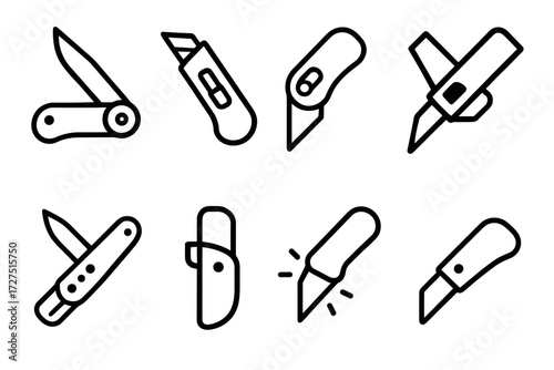 Utility Knife Icons. Utility Knife icons in outline style: folding knife open, retractable blade, knife with safety lock, angled blade cutter,