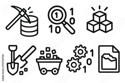 Data Mining Symbols. Data Mining icons in outline style: pickaxe striking database, magnifier on 1s and 0s, glowing data cubes, server stack with