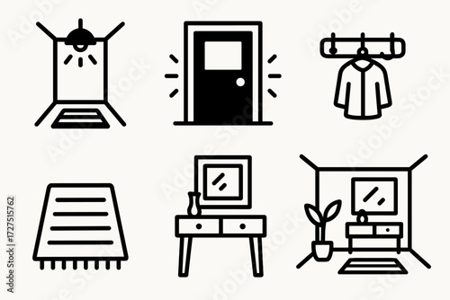 Home entrance linear icon set. featuring light, door, coat rack, rug, table, and plant symbols