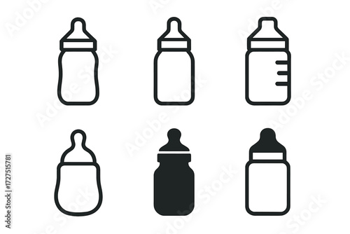 Minimal Baby Bottle Icons. Minimal Baby Bottle icons in outline style: clean line bottle, simple outline with nipple, bottle shape, minimal