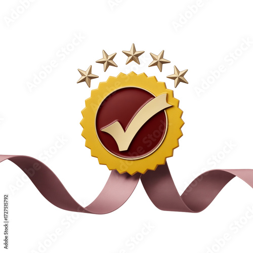 Golden check mark badge with five stars isolated on transparent background, symbolizing quality, approval, and excellence in a visually appealing design